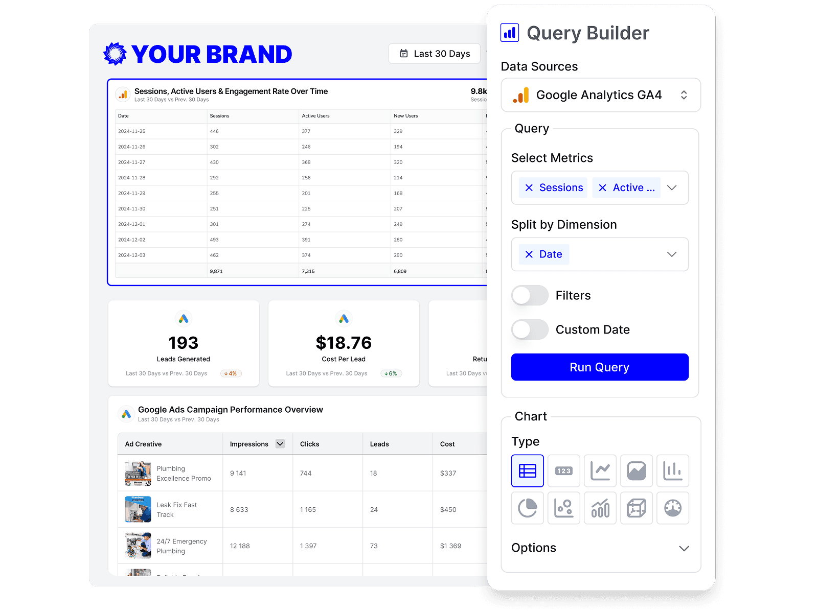 Custom query builder in Oviond for building client-specific marketing report insights.