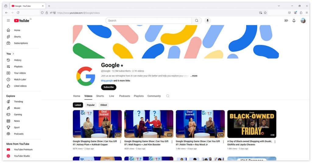 Google YouTube channel homepage with a colorful banner, Google logo, and video thumbnails showcasing Google content.