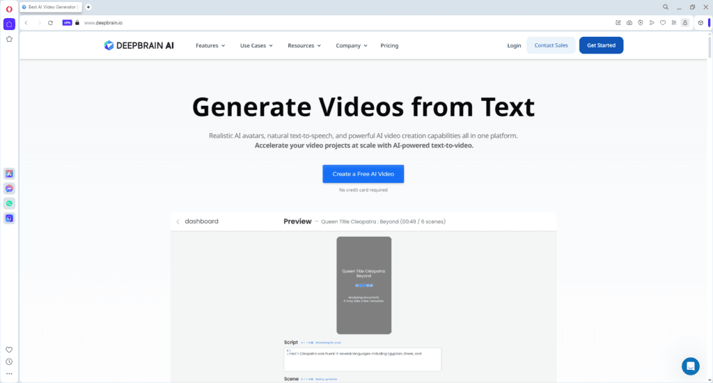 DeepBrain AI homepage displaying a platform that generates videos from text using AI avatars and text-to-speech technology for faster video creation.
