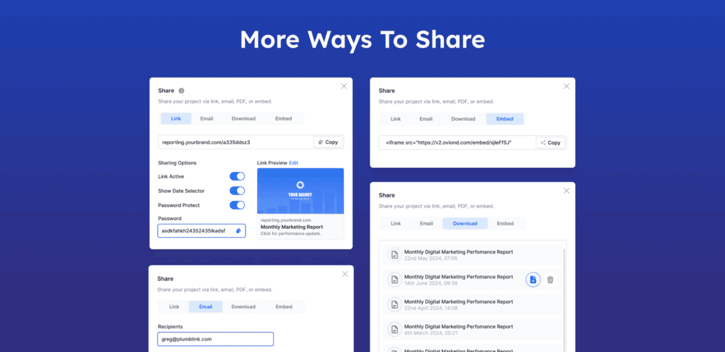 Oviond update showcasing multiple project sharing options, including link, email, download, and embed features.
