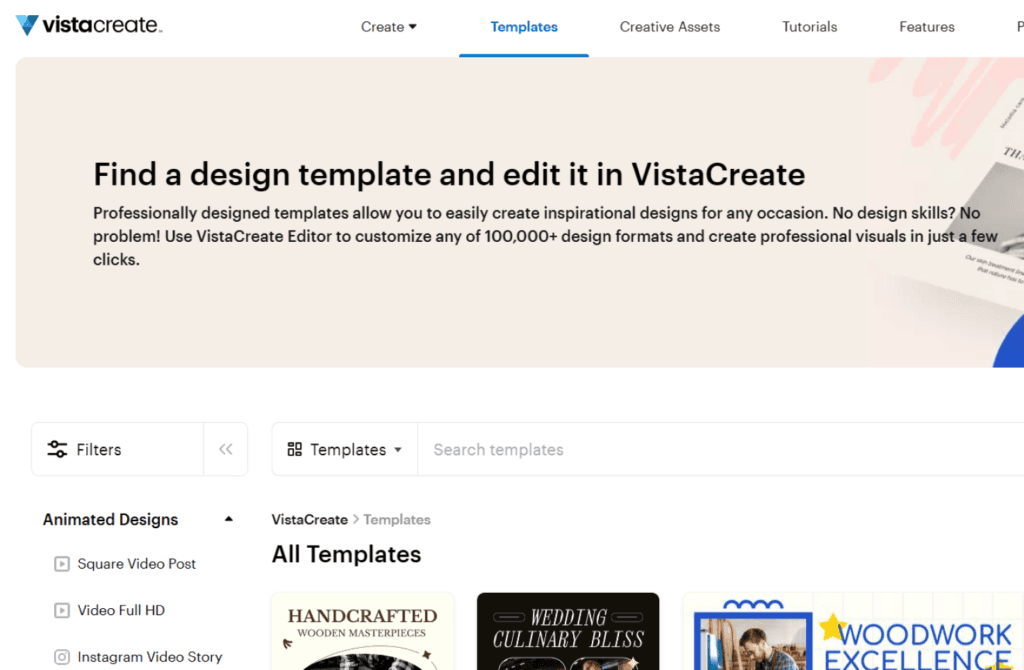 VistaCreate website screenshot highlighting its design template features as a Marketing Management Tool for creating professional visuals.
