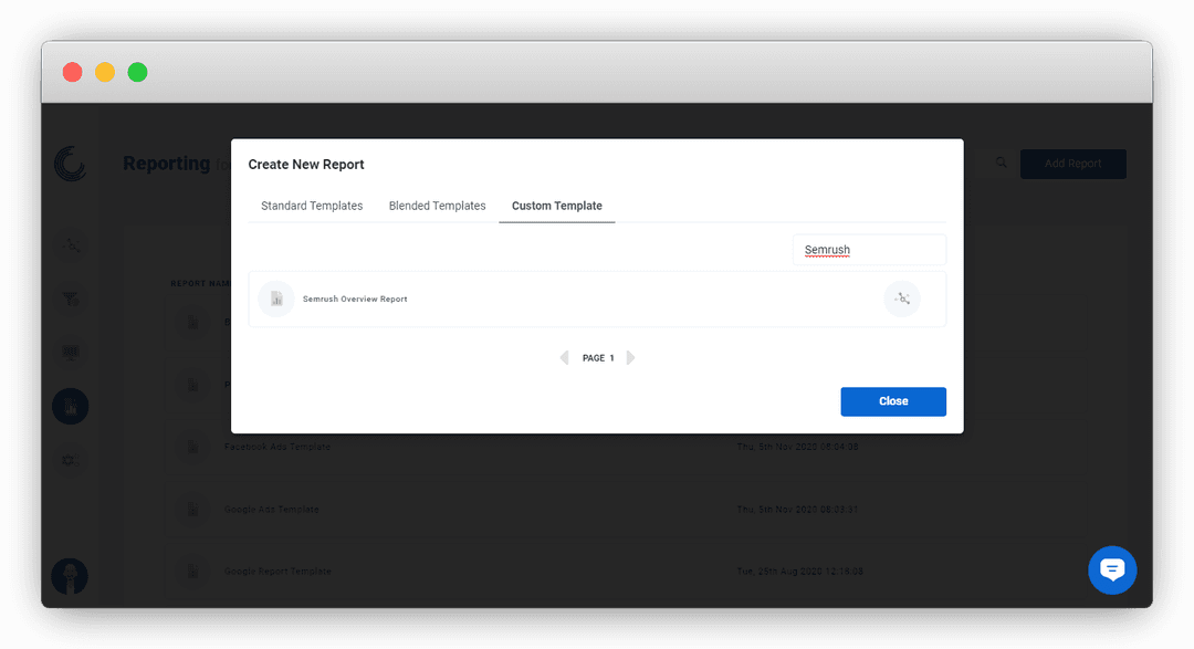 A screenshot of Semrush dashboard templates available on Oviond