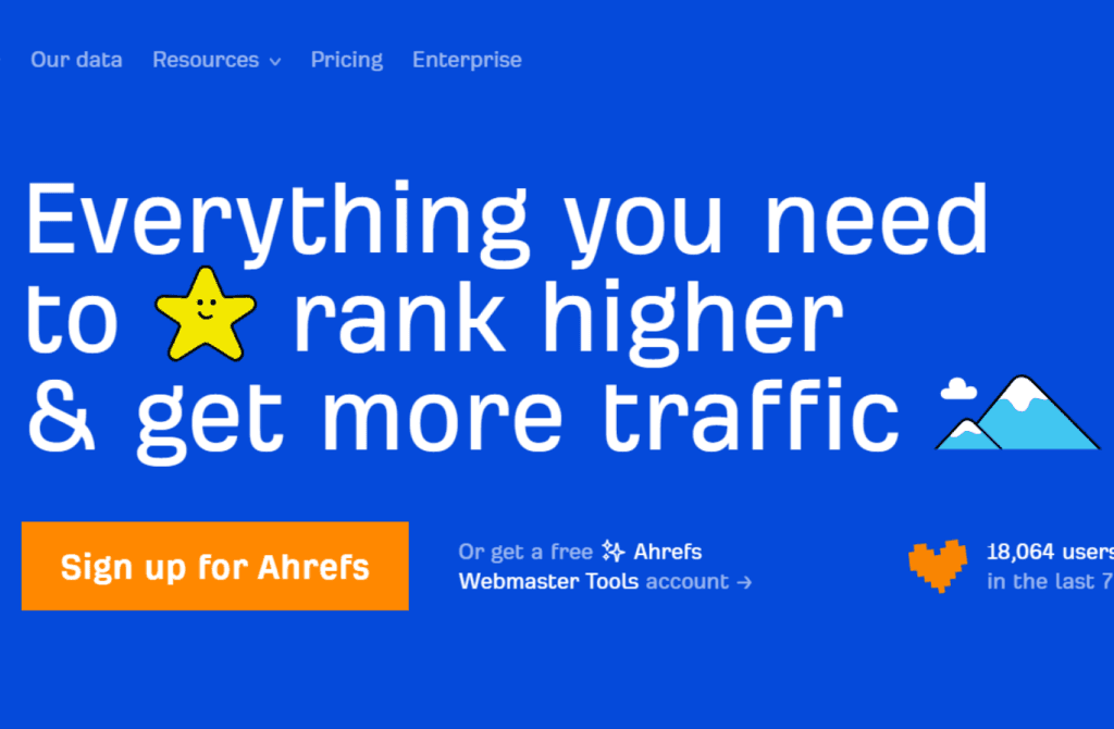 Call to action for Ahrefs' SEO services, a premier option in marketing management tools, emphasizing the ability to rank higher and attract more traffic, illustrated with engaging graphics.