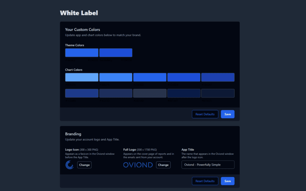 Customization settings for a White Label SEO Report Generator, displaying theme and chart color options, and branding customization with logo and app title input fields.