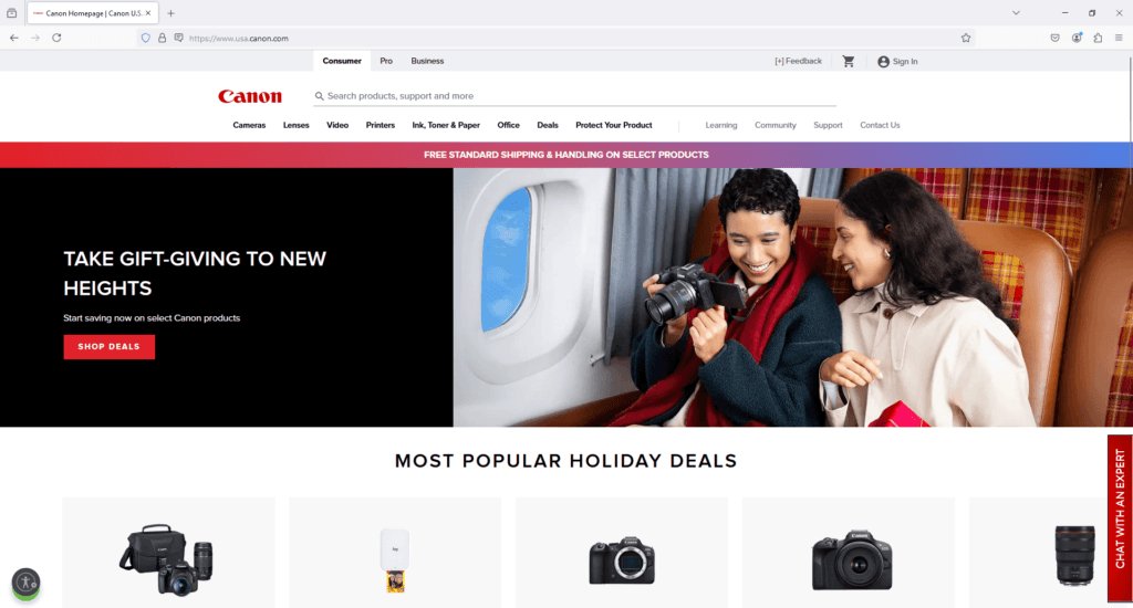 Canon promotional webpage featuring holiday deals on cameras and lenses, aligning with Adobe Marketing Analytics for campaign optimization.