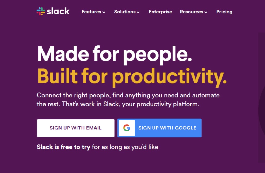 Homepage of Slack featuring sign-up options, promoting it as a user-friendly Marketing Management Tool for enhancing team productivity and collaboration.