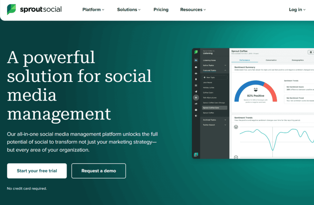 Sprout Social's analytics dashboard displayed as a prime example of marketing management tools, with features for sentiment analysis and social media monitoring to optimize marketing efforts.