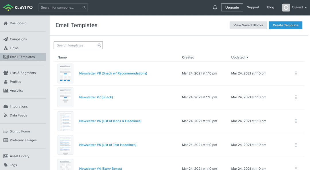 Screenshot of Klaviyo's template section.