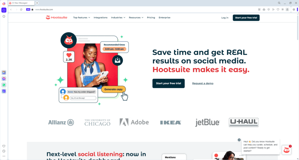 Screenshot of Hootsuite homepage highlighting free AI tools for digital marketing agencies to manage social media, generate copy, and schedule posts.