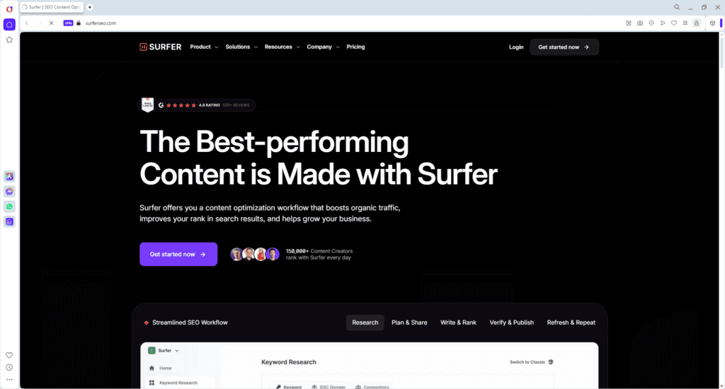 Screenshot of Surfer homepage showcasing a free AI SEO tool for digital marketing agencies to optimize content and improve search rankings.