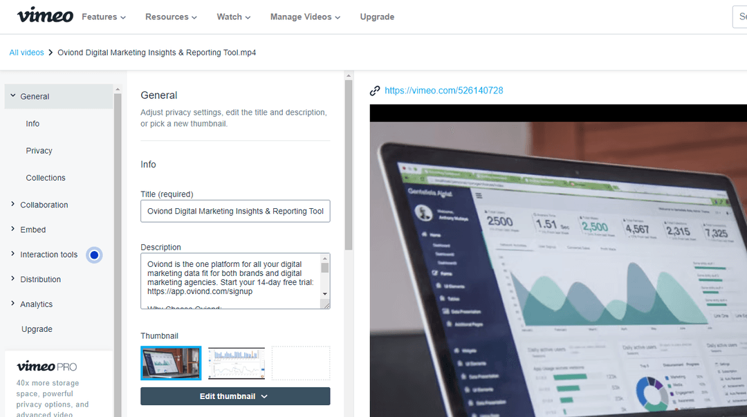 Screenshot of the SEO settings in Vimeo