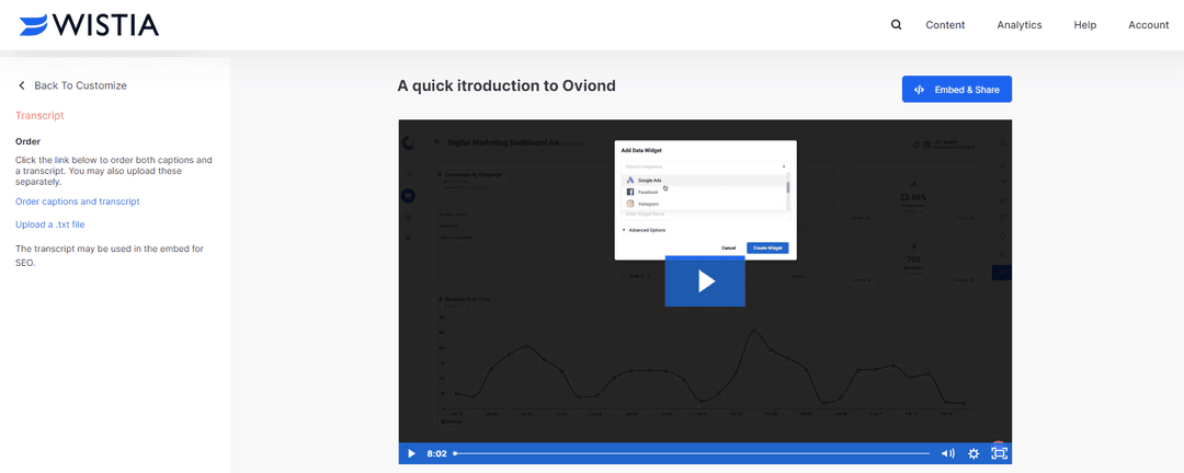 Screenshot of the transcription settings in Wistia