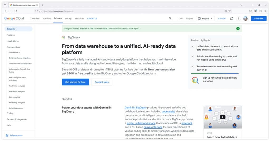 Google Cloud BigQuery webpage promoting AI-ready data analytics solutions with real-time analytics and machine learning features.