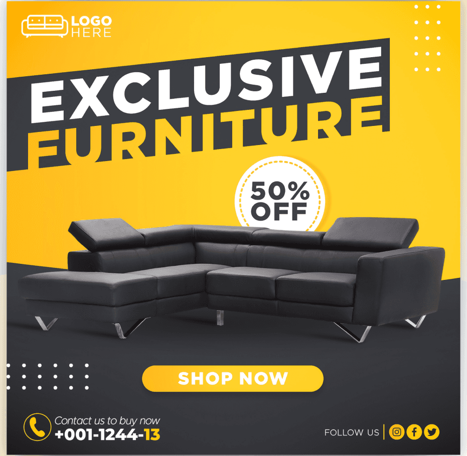 Exclusive furniture sale advertisement featuring a black sectional sofa with a "50% OFF" offer, tailored for "Paid Advertising in Digital Marketing" to drive online furniture