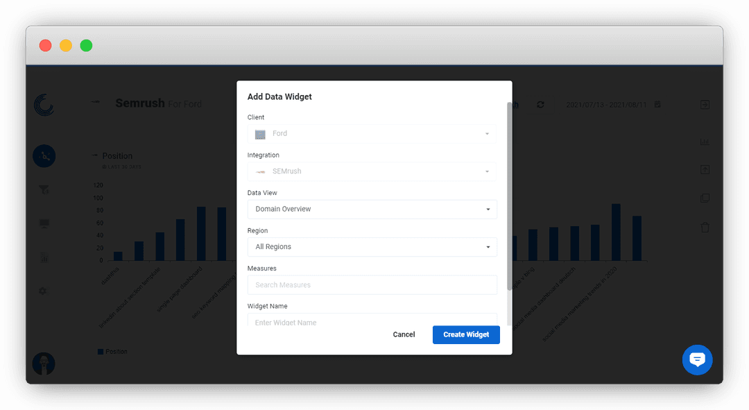 Screenshot of the Semrush widget builder in Oviond.