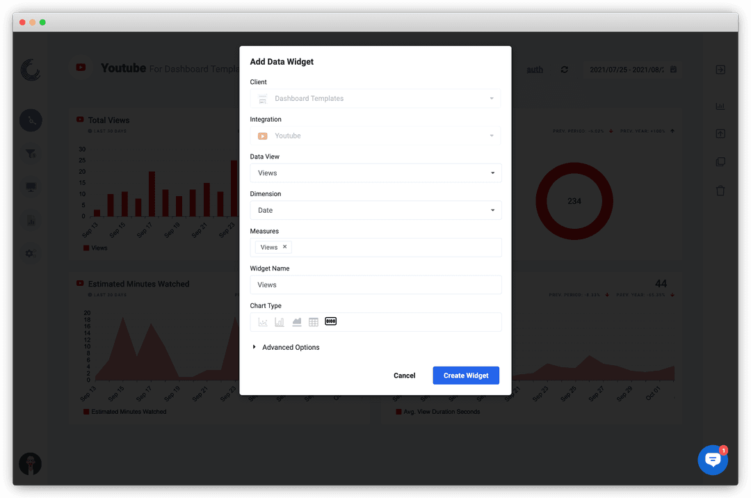Screenshot of the YouTube widget builder in Oviond.