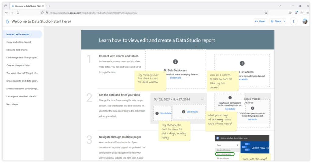 Google Looker Studio tutorial page showing steps to interact with charts, filter data, and navigate multiple report pages.
