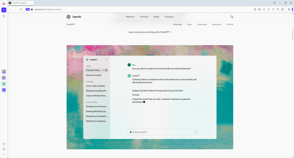 A user working with ChatGPT on editing an email in a web browser, showcasing the use of AI tools for marketing in professional communication and content creation.