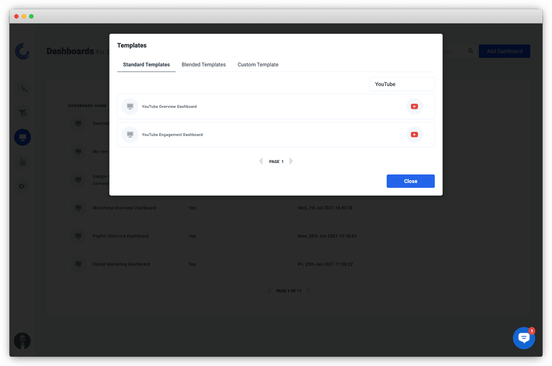 A screenshot of YouTube dashboard templates available on Oviond.