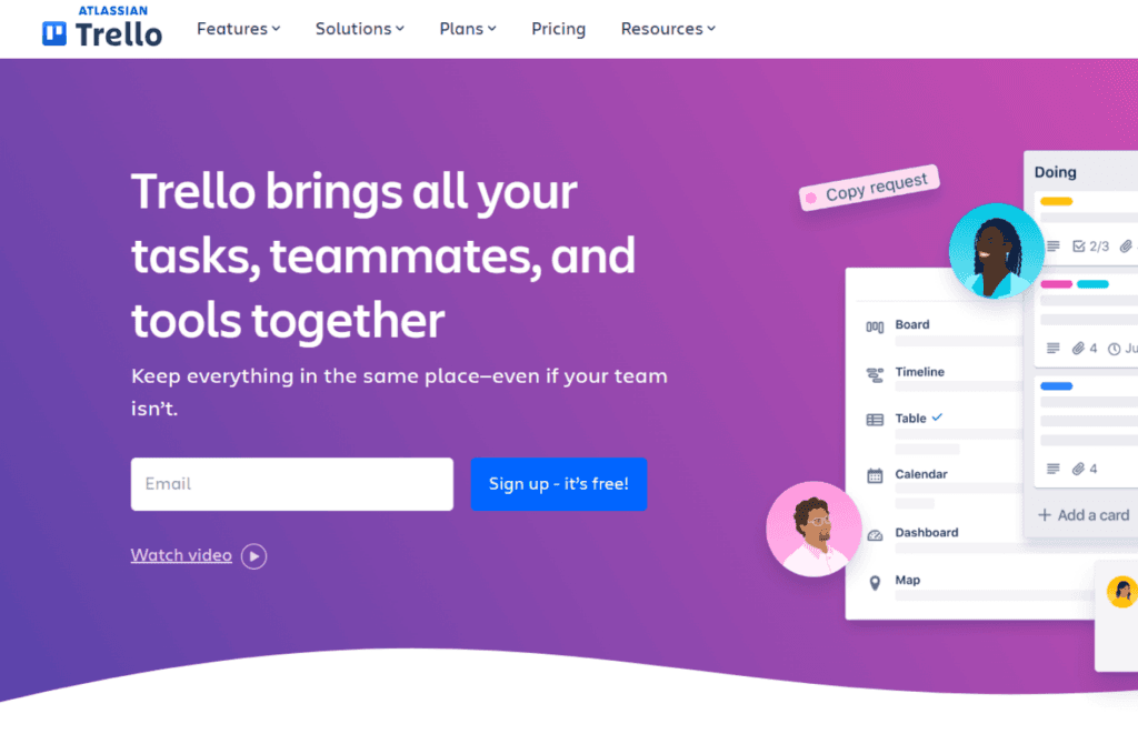 Homepage of Trello showcasing its functionality as a marketing management tool, with a focus on task organization and team collaboration, highlighted by a user-friendly project board interface.
