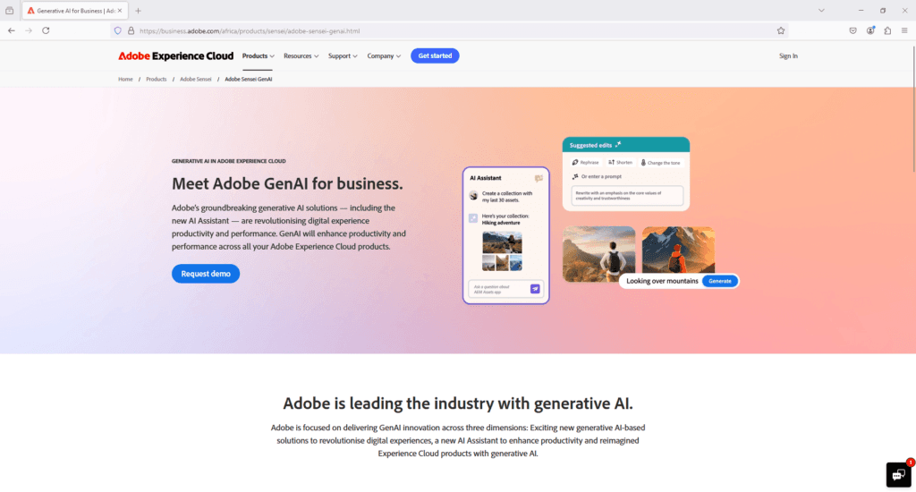 Adobe GenAI for business webpage highlighting AI Assistant features, suggested edits, and generative AI capabilities.
