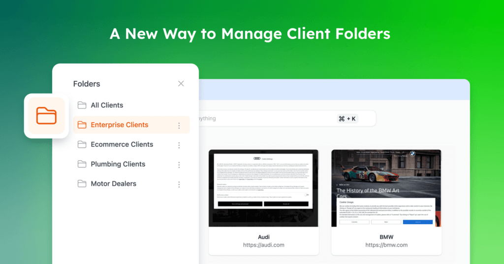 Oviond updates showcasing a new way to manage client folders, with categories like Enterprise Clients and search results for Audi and BMW.