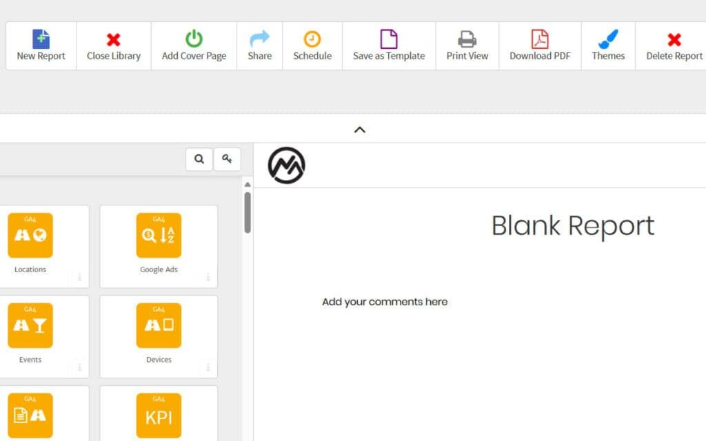User interface of Megalytic dashboard and reporting software with options for creating new reports and adding data modules like Google Ads and KPIs.
