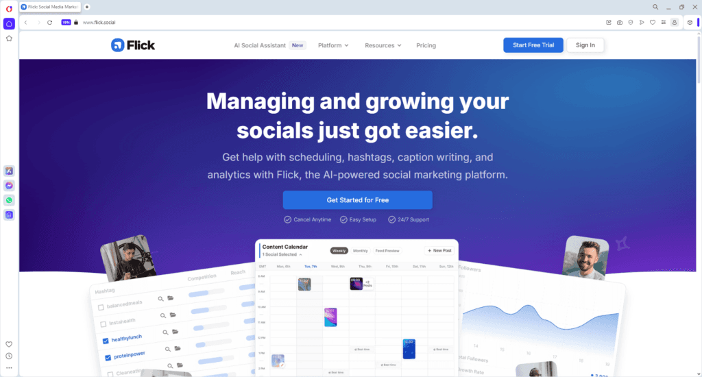 Screenshot of Flick homepage showcasing free AI tools for digital marketing agencies, including social media scheduling, hashtag generation, and analytics.