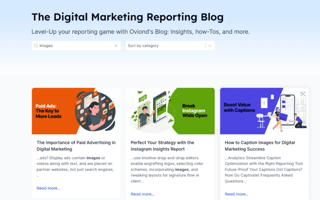 Three illustrated blog post thumbnails on 'The Digital Marketing Reporting Blog' highlighting key strategies for enhancing content in social media marketing, including paid advertising, Instagram insights, and captioning for better engagement.