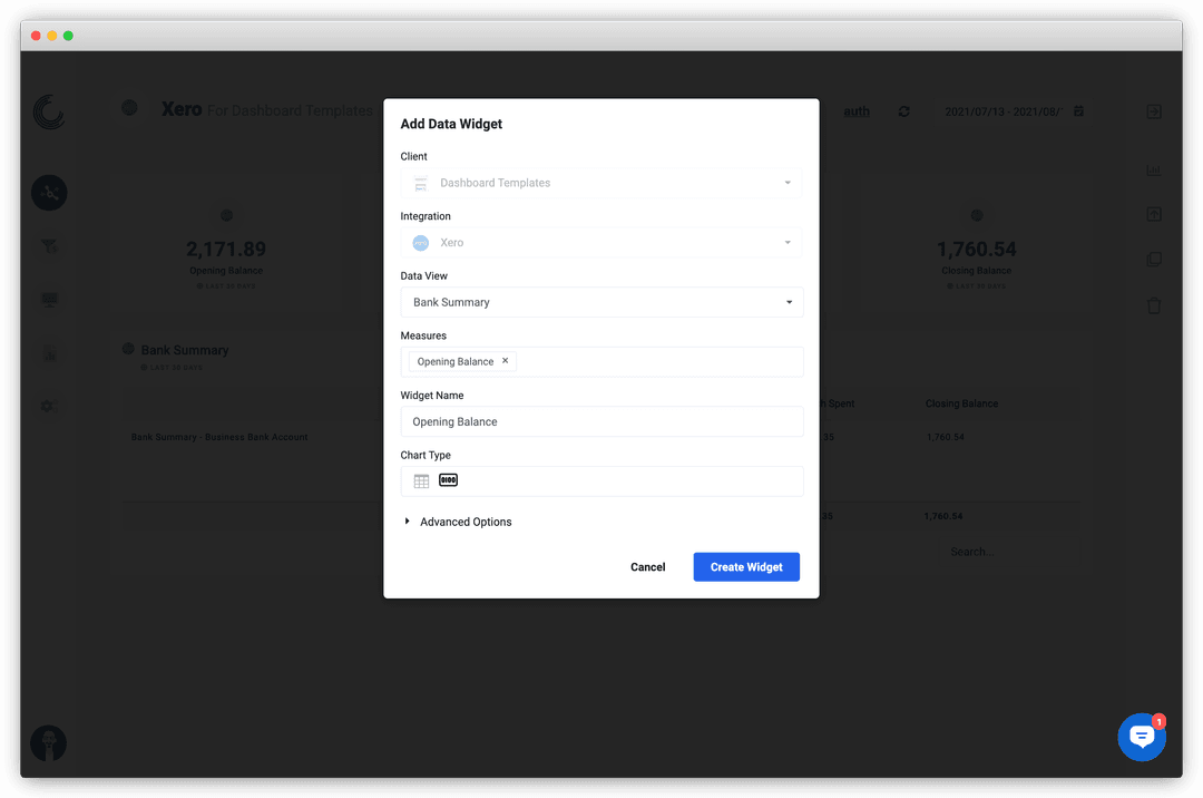Screenshot of the Xero widget builder in Oviond.