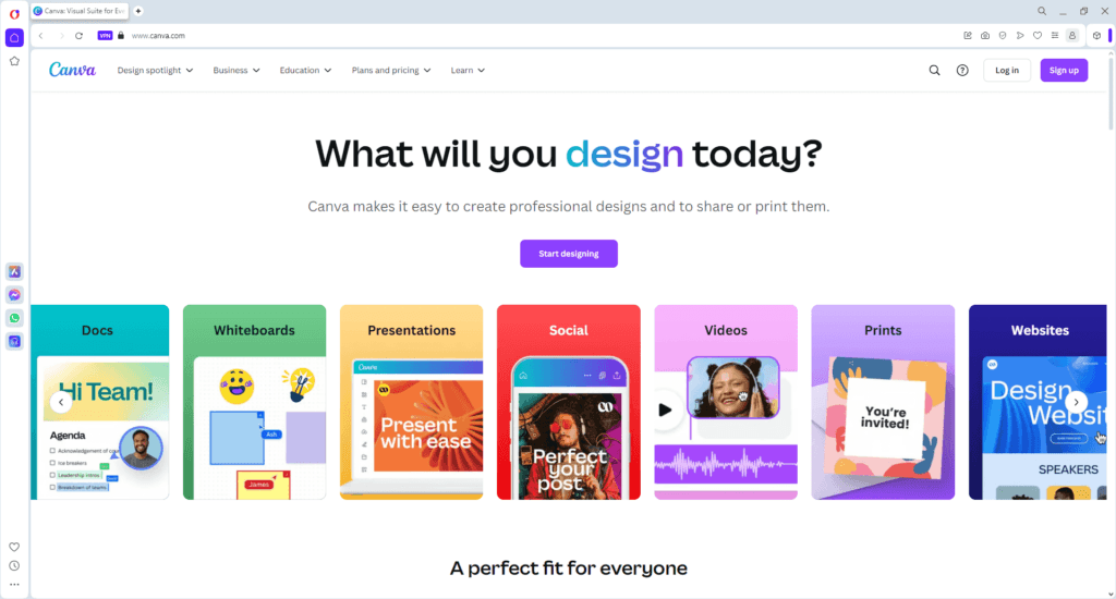 Screenshot of Canva homepage highlighting free AI tools for digital marketing agencies, including design options for presentations, social media, videos, and more.