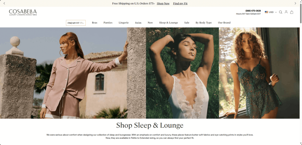 Screenshot of Cosabella homepage highlighting the Sleep & Lounge collection, offering luxury loungewear and lingerie in a variety of sizes and comfortable fabrics.