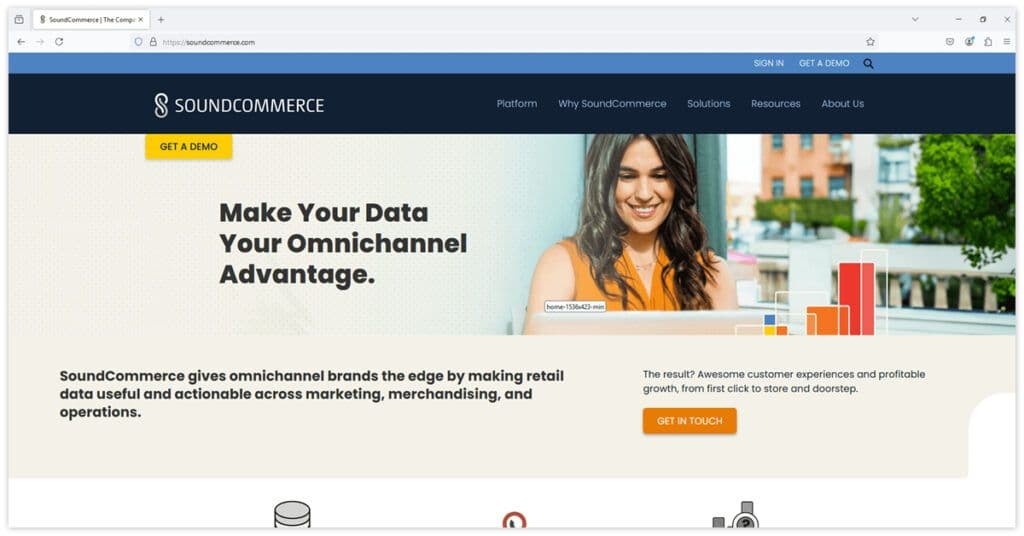 SoundCommerce webpage featuring data-driven solutions for omnichannel brands, similar to insights offered by Google Looker Studio.