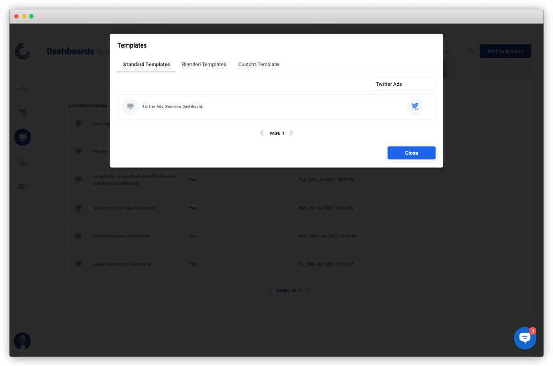 A screenshot of Twitter Ads dashboard templates available on Oviond.