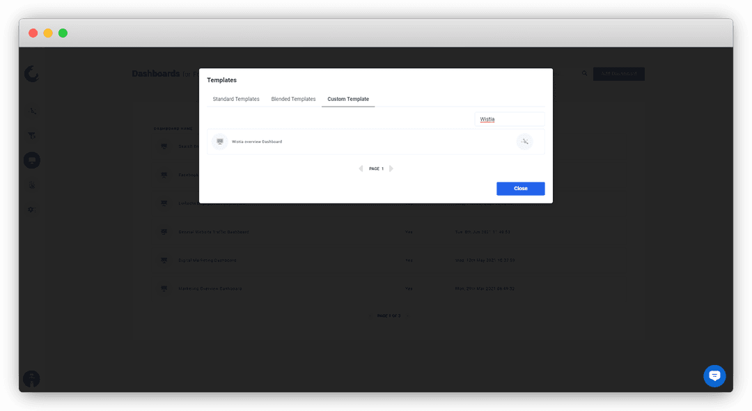A screenshot of Wistia dashboard templates available on Oviond