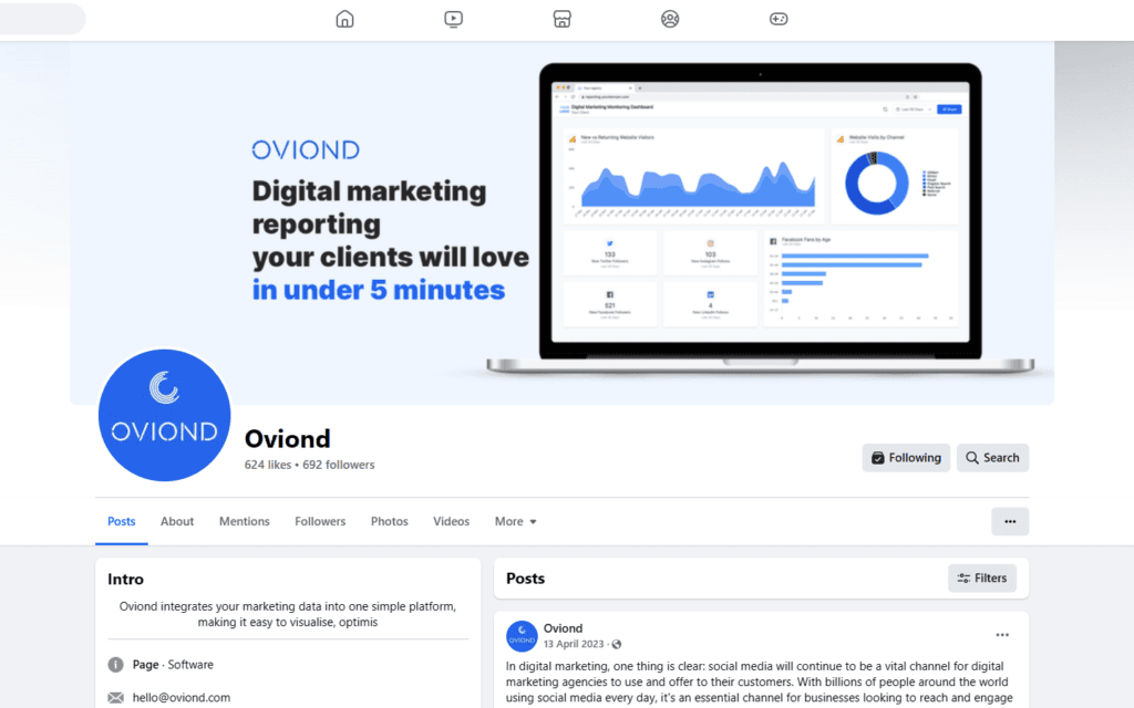Screenshot of Oviond's digital marketing reporting tool displaying analytics on a laptop screen, highlighting features for streamlined content management in social media marketing.
