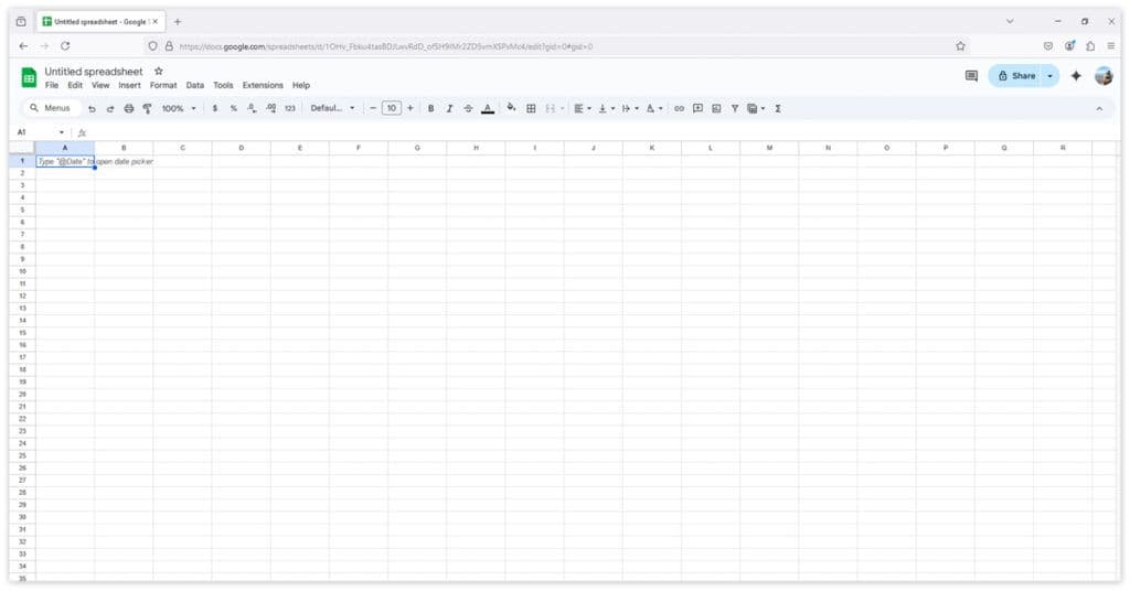 Google Sheets interface with a note about using "@date" to open the date picker, ideal for integration with Google Looker Studio.
