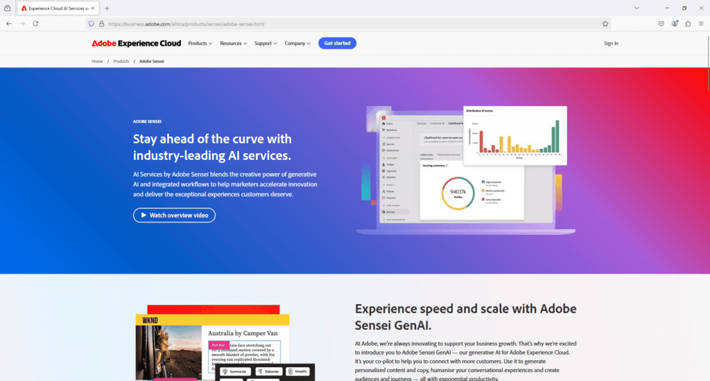 Adobe Sensei AI services page showcasing data dashboards, AI-powered analytics, and marketing automation tools.