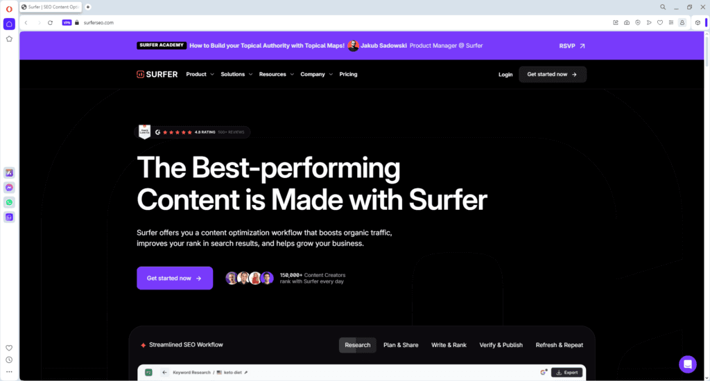 Surfer homepage promoting an AI-powered content optimization platform for improving SEO, boosting organic traffic, and enhancing search rankings.