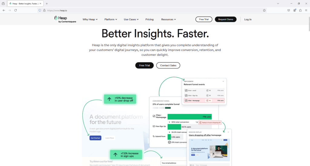Heap analytics homepage featuring tools for digital insights, funnel analysis, and user behavior tracking.