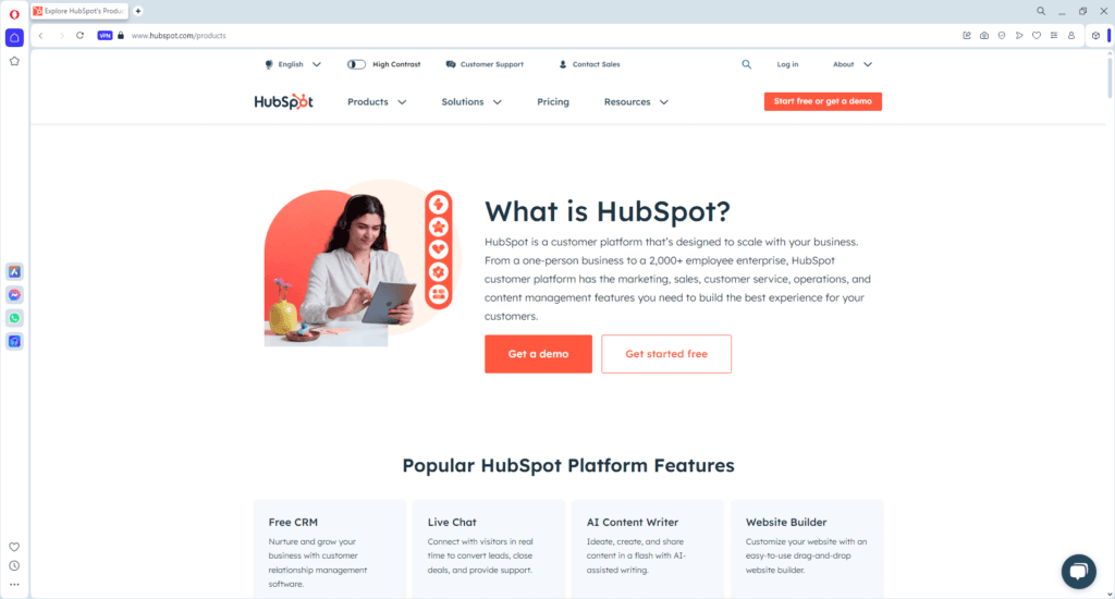 Screenshot of HubSpot homepage featuring free AI tools for digital marketing agencies, including CRM, AI content writer, live chat, and website builder.