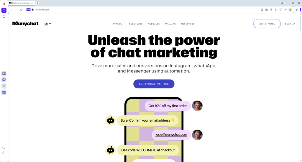 Screenshot of ManyChat homepage featuring a free AI tool for digital marketing agencies to automate chat marketing on Instagram, WhatsApp, and Messenger.