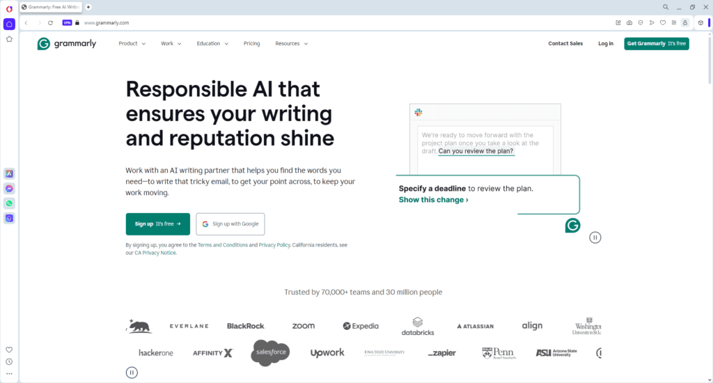 Screenshot of Grammarly homepage promoting free AI tools for digital marketing agencies to enhance writing and maintain professional standards.