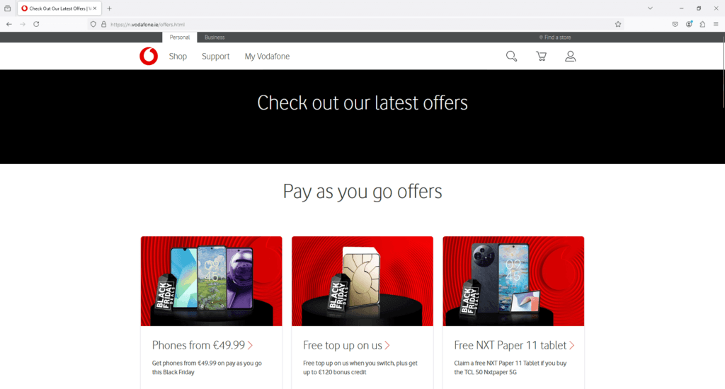 Vodafone promotional webpage featuring Black Friday offers on phones, free top-ups, and bundled deals.