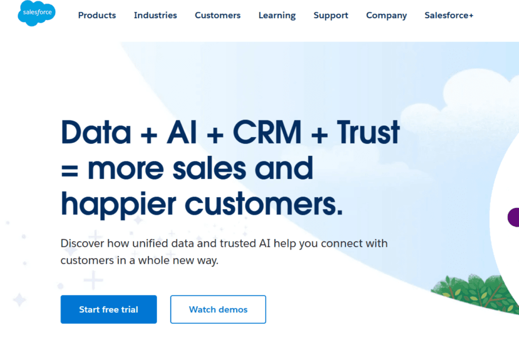 Salesforce homepage banner promoting their advanced marketing management tools, combining Data, AI, CRM, and Trust to enhance sales and customer happiness.