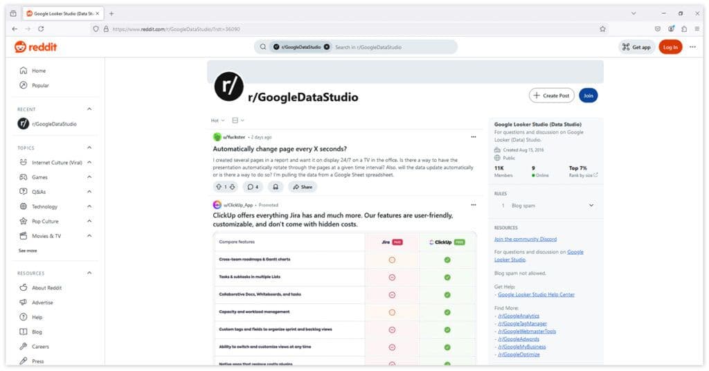 Reddit community page for r/GoogleDataStudio, featuring discussions and resources for Google Looker Studio users.