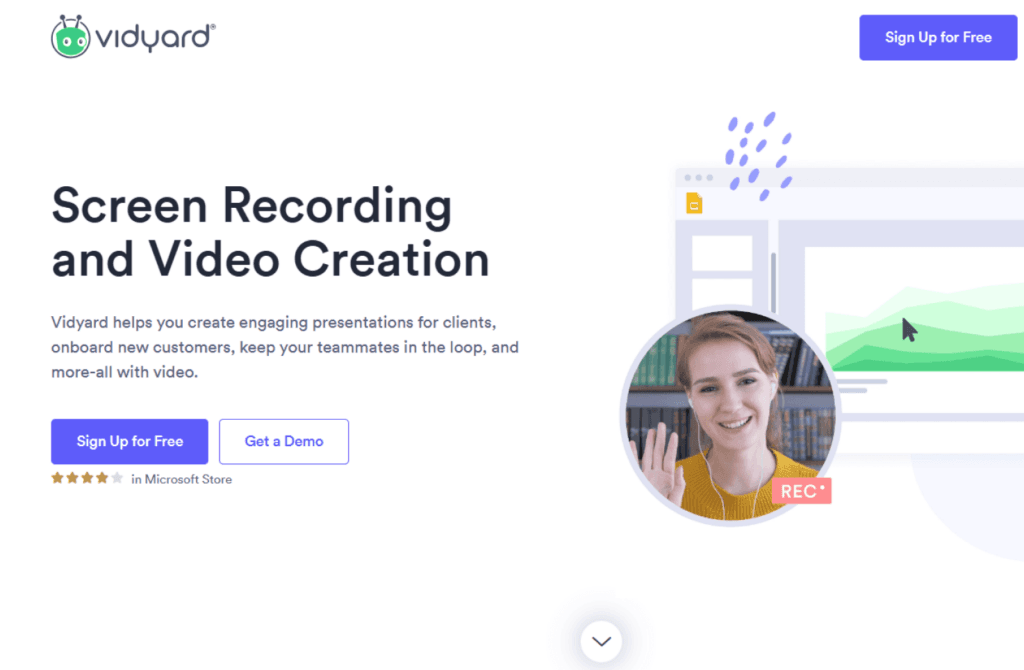 Webpage interface of Vidyard highlighting its marketing management tools for screen recording and video creation, featuring an interactive demo with a smiling user.