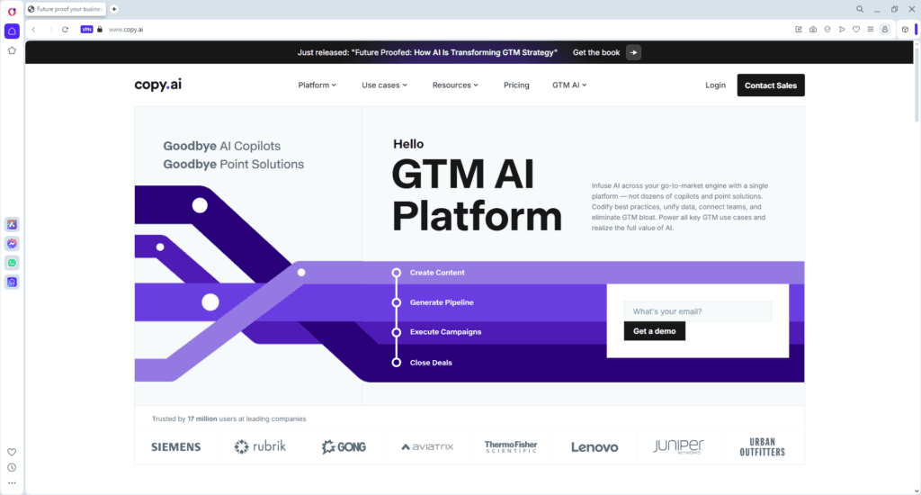 Screenshot of Copy.ai homepage featuring a free AI tool for digital marketing agencies to create content, generate pipelines, execute campaigns, and close deals.