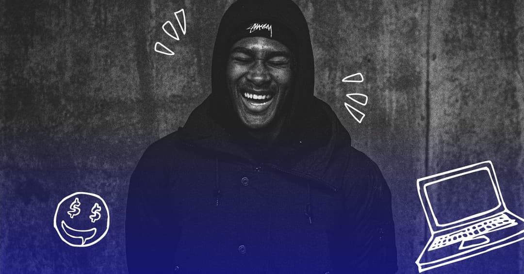 Person laughing with doodles of a laptop and dollar-sign smiley face, representing Google Looker Studio’s success in analytics.