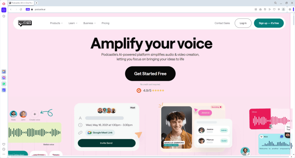 Podcastle homepage showcasing an AI-powered platform for simplifying audio and video creation, helping users produce high-quality content effortlessly.